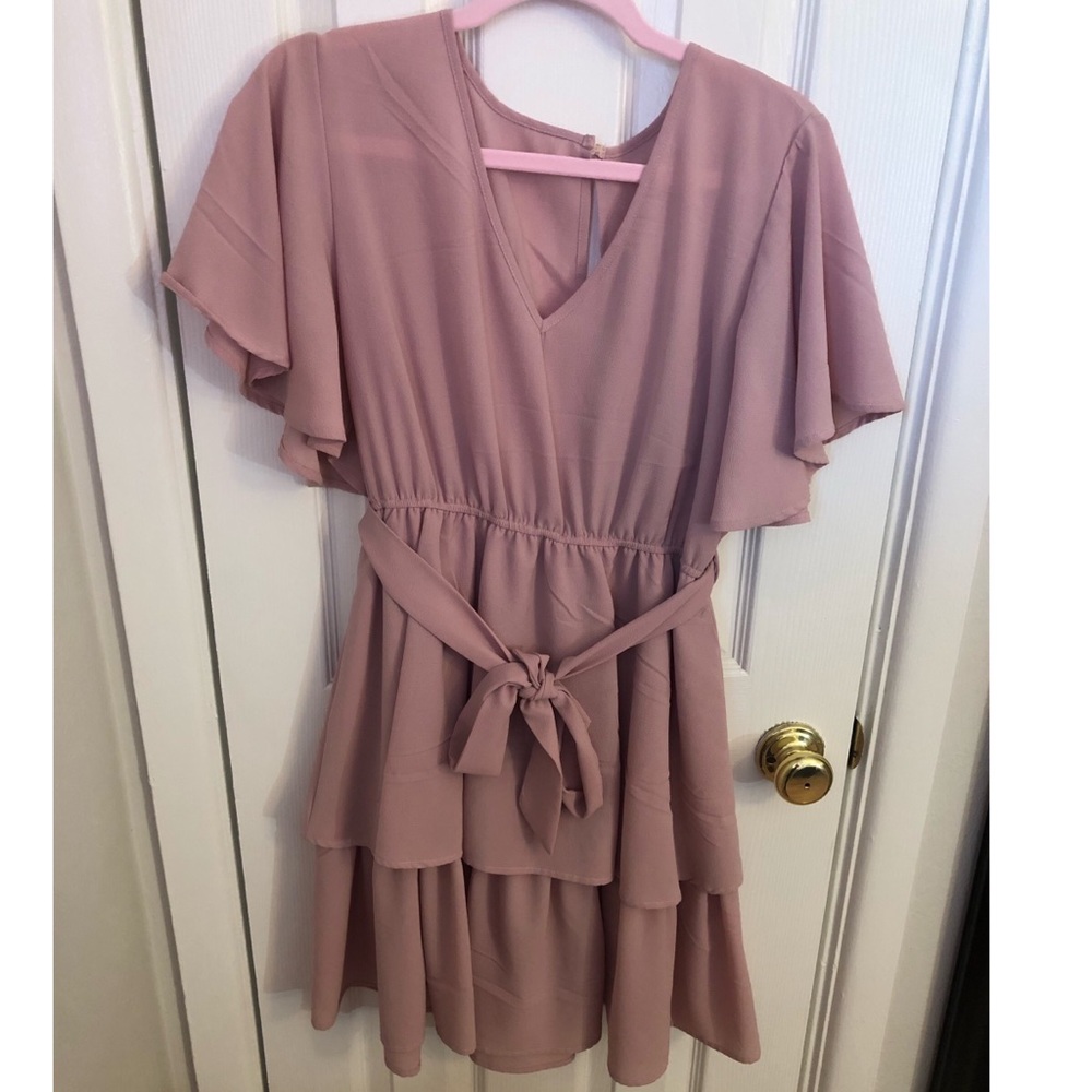 Layered Hem Belted Light Pink Shein Dress
